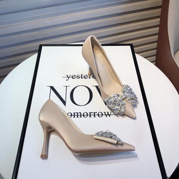 仙女風蝴蝶結水鉆高跟單鞋2025新款法式性感細跟尖頭伴娘鞋婚紗鞋