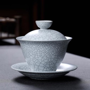月白汝窯凝香蓋碗陶瓷開片紋三才碗功夫茶具泡茶碗中式家用敬茶杯