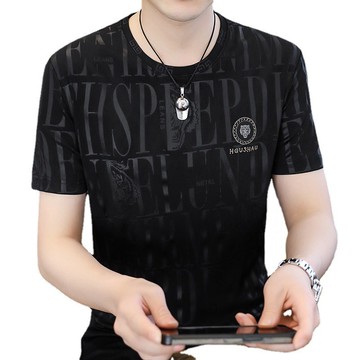 線下專櫃男士寬鬆短袖T恤 冰絲印花寬鬆大尺碼夏季短袖體恤 燙鑽字母印花短袖T恤