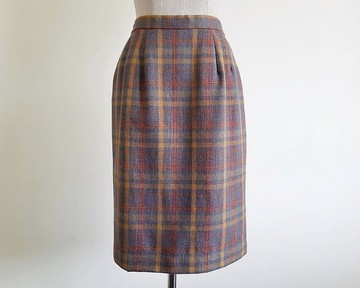 復古紅色黃色格紋裙 女款 蘇格蘭格紋 羊毛 膝蓋長度 直筒 XS 24 25