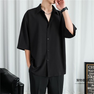 冰絲短袖襯衫男士外套夏季薄款潮流寬版上衣休閒長袖襯衣流行男裝【聚物優品】