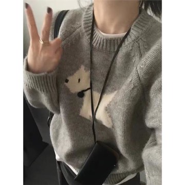 慵懶風提花套頭卡通小狗毛衣女秋冬韓國東大門寬松針織衫灰色上衣