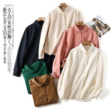 凜美日系純棉元寶領簡約長袖襯衫甜美減齡可愛百搭休閑寬松女上衣