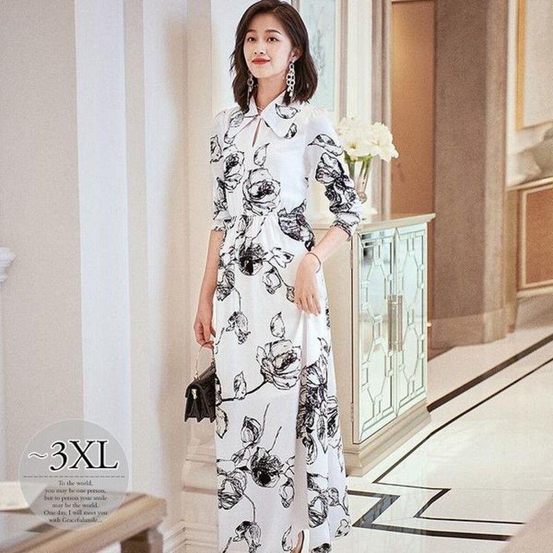 Chic ワンピース 襟付き プリント柄 花柄 ロングワンピ 白黒 クラシカル ナチュラル ストリート 女子旅 美人 ママ お出かけファッション シック 大人可愛 通販 Lineポイント最大get Lineショッピング