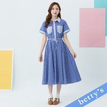 betty’s貝蒂思　格紋撞色口袋開襟長洋裝(藍色)