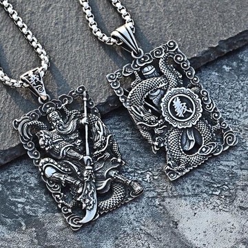 鈦鋼潮男士個性霸氣項鏈忠肝義膽關公吊墜時尚首飾品女毛衣鏈禮物
