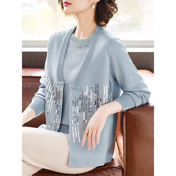 媽媽春裝薄款開衫上衣兩件套中老年女士春秋針織打底T恤小衫套裝