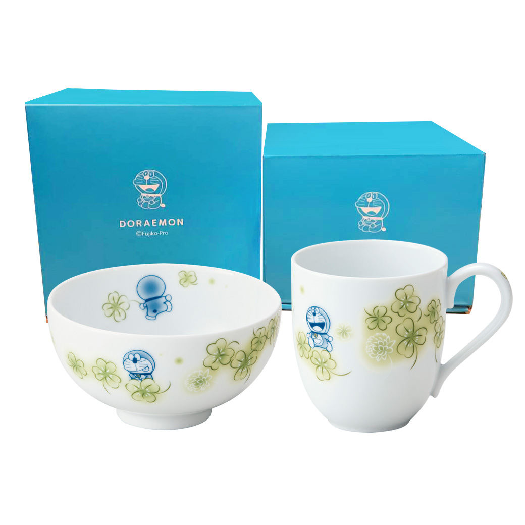 【日本Noritake x 哆啦A夢】聯名款 花卉系列 三葉草2入組 (飯碗+馬克杯)