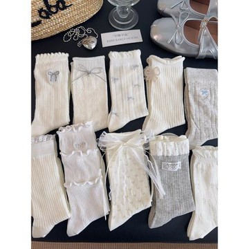 白色襪子女中筒襪夏季薄款純棉蝴蝶結花邊堆堆襪網眼透氣夏天長襪