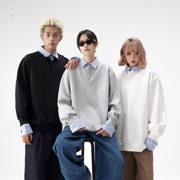 潮牌港風純色假兩件長袖Polo衫男美式復古寬松半紐扣套頭衫