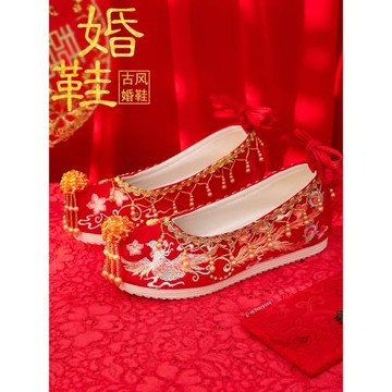平底婚鞋女款加絨流蘇冬季古風秀禾古裝新娘繡花鞋紅色中式漢服鞋