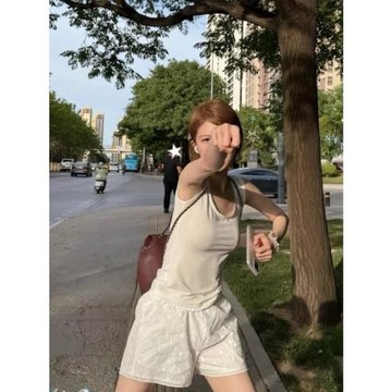 BM風 趙露思明星同款褲子白色蕾絲邊短褲女bm辣妹寬松顯瘦闊腿褲