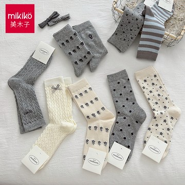 美木子｜中筒襪｜日系小花花堆堆襪【OT3119】灰色系 文青風 ins風 條紋襪 中筒襪 女生襪子 可愛襪子 堆堆襪