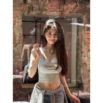 美式酷辣灰色螺紋無袖小背心女夏季外穿方領修身露臍短款吊帶上衣