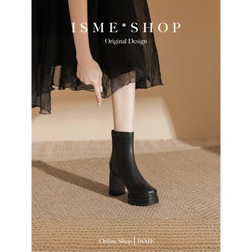 厚底超火方頭彈力靴高跟短靴粗跟馬丁靴軟面軟皮瘦小個子工作鞋上