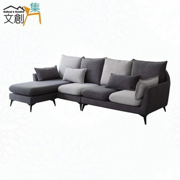 文創集 康奈雙色貓抓布L型沙發組合(四人座＋椅凳組合)