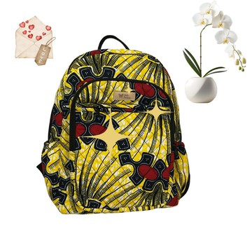 機能性後背包，全包式鋪棉絎縫，印有黃色幾何圖案。