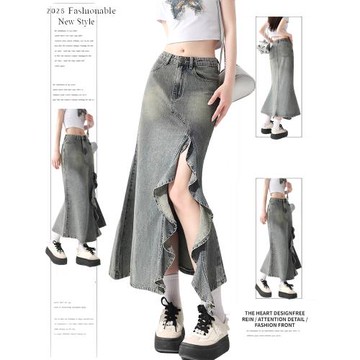 美式復古不規則牛仔半身裙女春季新款高腰顯瘦波浪開叉魚尾A字裙