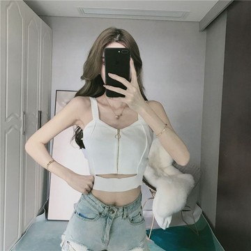 吊帶上衣女  夏季新款  性感V領無袖  短款運動拉鏈裝飾  針織小背心吊帶上衣女潮 WIDW