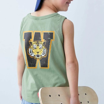日本 devirock - 100%棉 定番印花無袖上衣-背後老虎-奶綠