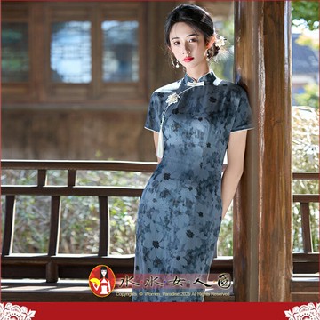 旗袍新款春夏季新中式絕美印花輕奢小眾高端改良日常可穿年輕款國風短袖連身裙開衩洋裝-蓉藍-水水女人國