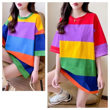 AKARA 買1送1  兩件組 韓風時尚色塊藝術大尺碼寬鬆五分袖上衣 (中大尺碼 大學Ｔ 上衣 五分袖)