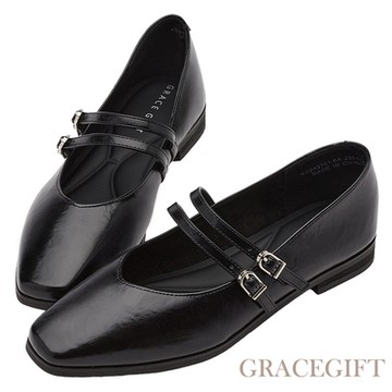 【Grace Gift】微甜方頭雙帶平底瑪莉珍鞋 黑