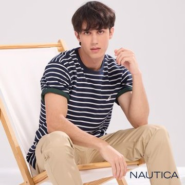 Nautica 官方旗艦 男裝 條紋網眼棉質短袖T恤-深藍白色