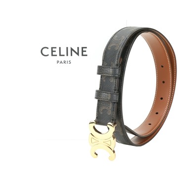 CELINE Triomphe 凱旋門銀釦老花帆布拼皮革腰帶(黃褐色)