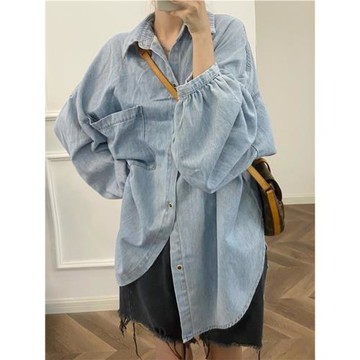 秋季大碼胖mm復古bf寬松顯瘦polo領排扣燈籠袖高街牛仔襯衫外套女