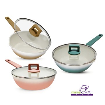 【mama cook 】馬卡龍漸層繽紛不沾煎炒鍋/鈦陶瓷/附蓋/24cm