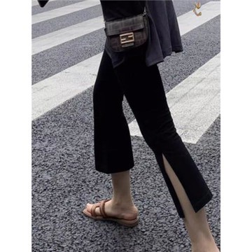 黑色休閑褲女夏季新款大碼胖mm修身顯瘦開叉直筒褲小個子七分褲子