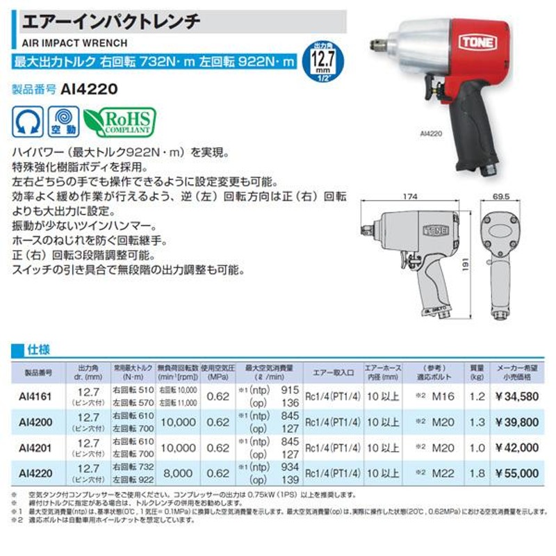 TONE トネ AI4220 12.7sq. エアーインパクトレンチ | LINEショッピング