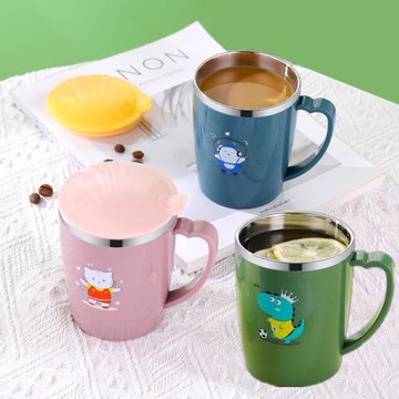 不銹鋼馬克杯兒童防摔幼兒園喝水杯家用早餐杯可愛帶蓋牛奶杯子