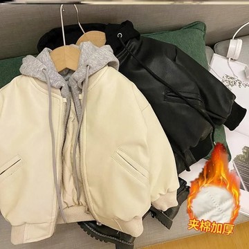 男童加厚皮衣秋冬款新款小童韓版假兩件皮夾克兒童洋氣外套潮 男童外套 加厚保暖棉衣 韓版棉服 中小童外套 保暖夾克
