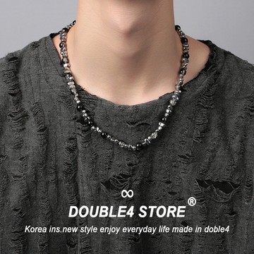【DOUBLE4】韓國 貓眼石拼銀石串項鍊 韓系 手鍊男 蹦迪 穿搭 男項鍊 手鍊 鋼項鍊 男女 鋼手鍊 鈦鋼【C82】