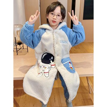 男童睡衣秋冬季款2025珊瑚絨加厚兒童男孩法蘭絨長款睡袍大童套裝