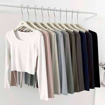 【Fee隔日到貨10色】正韓U領拼接修身圓領短版長袖上衣🔥長袖上衣女 修身上衣 顯瘦上衣女 內搭上衣 設計上衣 GAT