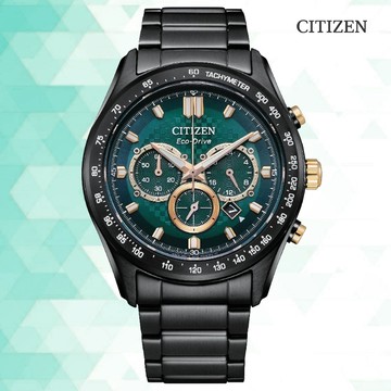 CITIZEN 星辰 Chronograph 光動能 碼錶計時 三眼不鏽鋼腕錶-綠色43mm (CA4536-86X)