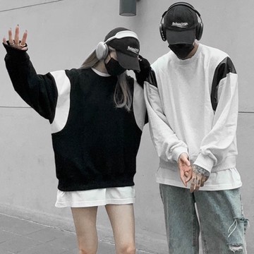 【AMERO】男女款 長袖短版大學Ｔ 皮革拼接 情侶裝