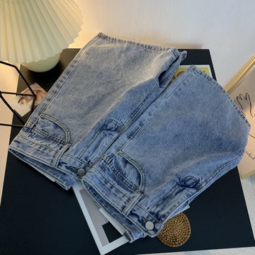 闊腿牛仔短褲女高腰顯瘦V-21夏季新款復古港味五分褲休閑寬松中褲