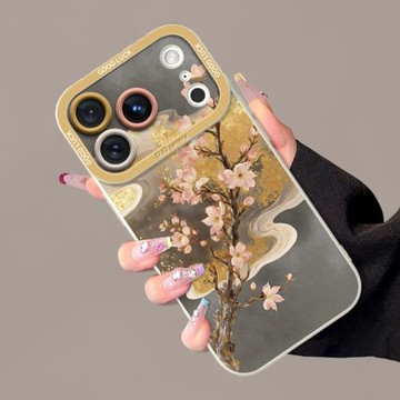 創意鎏金海棠花朵適用于蘋果17promax手機殼新款iPhone16pro高級感鏡頭全包防摔15pro網紅高檔液態硅膠個性女