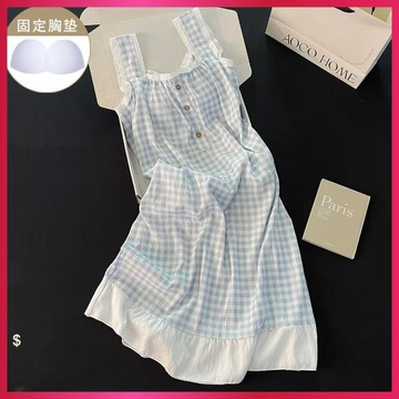 『ATC』細肩帶睡裙女 夏日新款 格子甜美公主風自帶胸墊一體睡衣 家居服可外穿