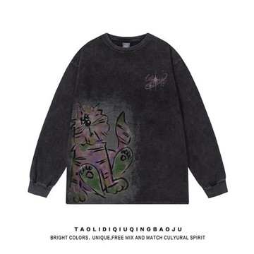 復古水洗做舊卡通涂鴉長袖T恤女潮牌街頭寬松情侶春季黑色體恤衫