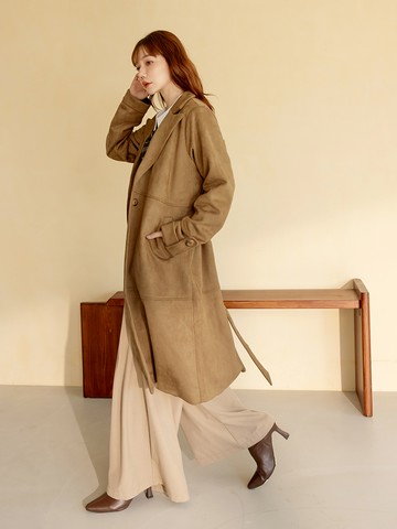 柔軟麂皮翻領腰綁帶長版外套
