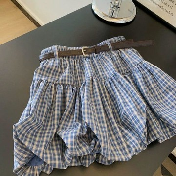 短裙 半身裙 女生短裙 百搭短裙 A字裙 顯瘦半身裙 高級感藍色格子花苞遮肉a字短裙小個子顯瘦半身裙子女新款夏