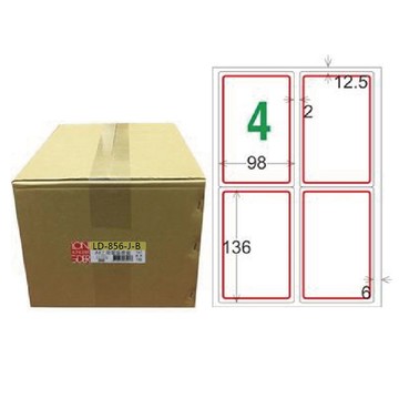 【龍德】LONGDER 三用電腦標籤 A4 4格 圓角 98*136mm 紅框 1000張/箱 LD-856-J-B(適用雷射、噴墨、影印)