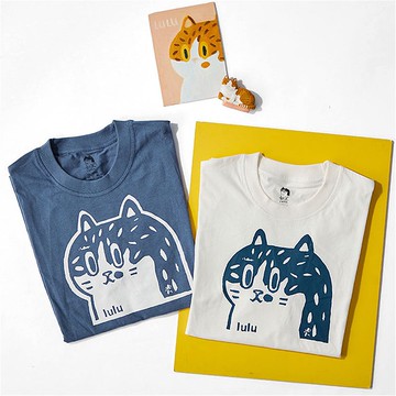 白色/灰藍 全棉貓咪印花圓領短袖T恤 原創手繪可愛女生寬鬆上衣