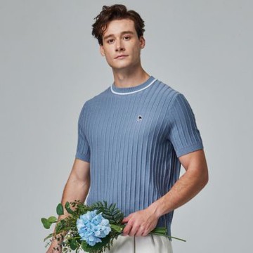 moz瑞典 駝鹿 親膚 圓領 針織短T-牛仔藍(亞洲版)男款