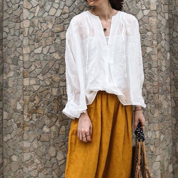 2025春夏新女 日系韓版大碼名族風棉麻亞麻苧麻薄款V領長袖襯衫